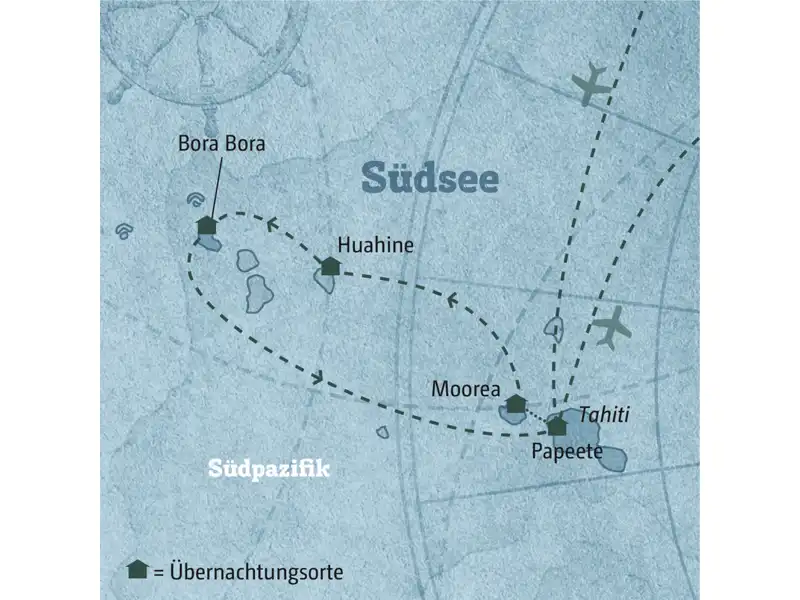 Hier sehen Sie die Route Ihrer Südseereise durch Französisch-Polynesien