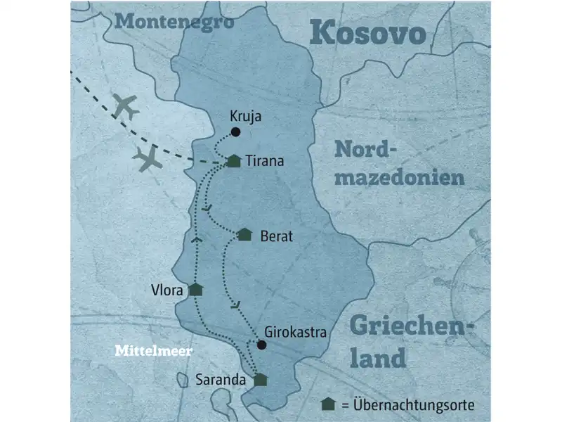 Die Route dieser privaten Reise nach Albanien führt von Tirana über Berat und Gjirokastra in den Süden nach Saranda. Von dort geht es an der Küste entlang über Vlora zurück nach Tirana.