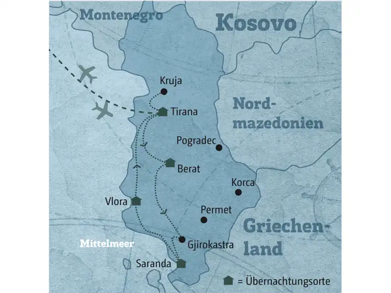 Ihre Reiseroute startet in Tirana und führt Sie über Berat, Saranda und Vlora an der Küste zurück nach Tirana.