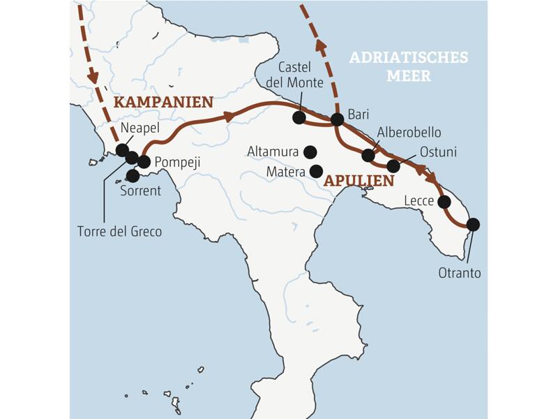 Reisekarte der Marco Polo Entdeckerreise Apulien.