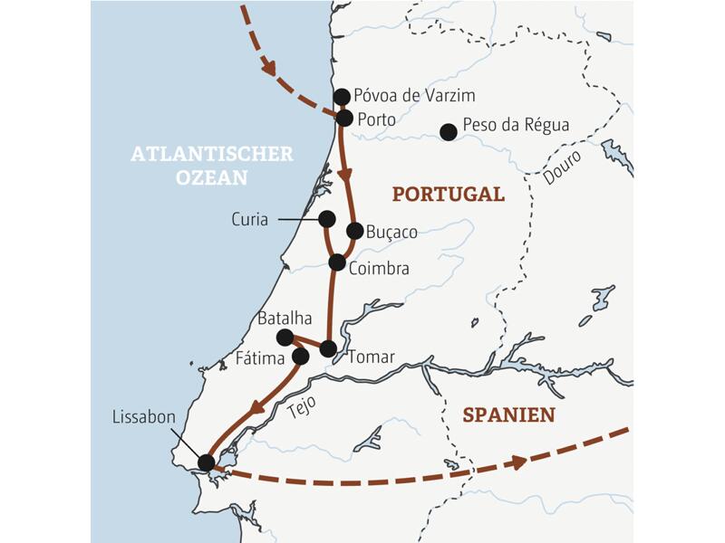 Reiseverlauf der Portugal Entdeckerreise - von Porto nach Lissabon.
