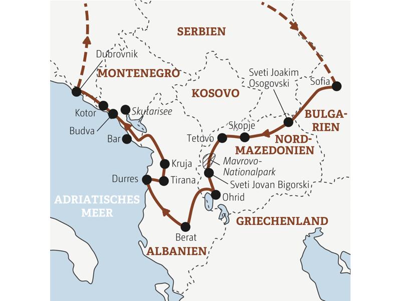 Reiseverlauf der Bulgarien, Nordmazedonien, Albanien und Montenegro Marco Polo Entdeckerreise.