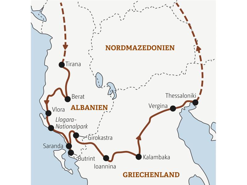 Reiseverlauf der Albanien-Griechenland Entdeckerreise.