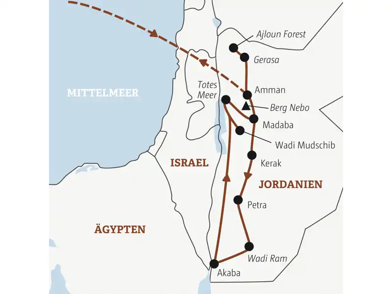 Die Rundreise mit YOUNG LINE durch Jordanien führt dich von Amman in den Ajloun Forest, zum Toten Meer, ins Wadi Mudschib, nach Kerak, Petra, ins Wadi Ram und nach Akaba.