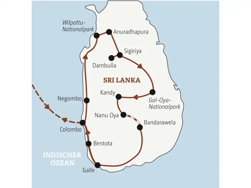 Die Rundreise mit YOUNG LINE für Traveller ab 35 durch Sri Lanka führt dich von Colombo über den Wilpattu-Nationalpark nach Anuradhapura, zum Gal-Oya-Nationalpark und weiter über Kandy und Bandarawela nach Galle und Bentota.