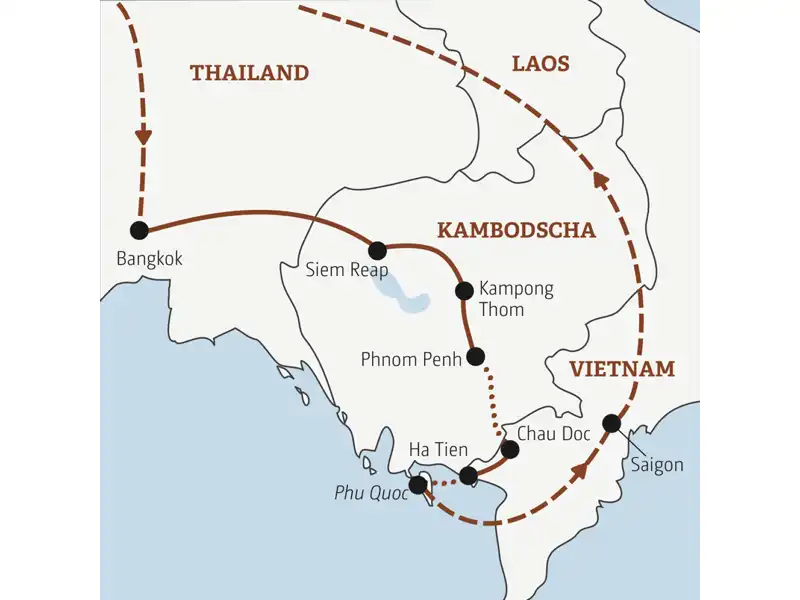 Die Rundreise mit YOUNG LINE durch drei Länder Asiens führt von Thailand über Kambodscha nach Vietnam.