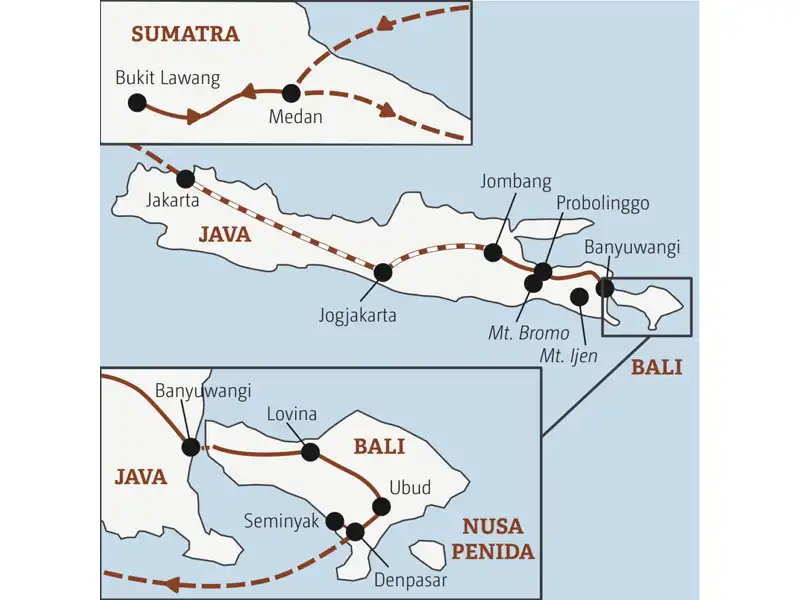 Die Rundreise mit YOUNG LINE durch Indonesien führt dich von Jakarta über Jogjakarta und den Mt. Bromo nach Lovina, Ubud und Seminyak - auf Wunsch mit Vorverlängerung auf Sumatra.