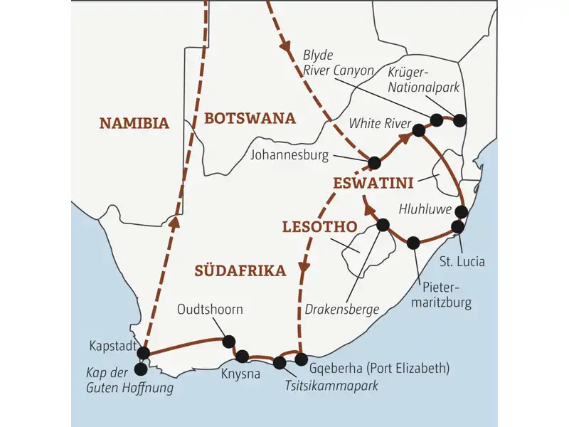Die Rundreise mit YOUNG LINE durch Südafrika führt dich von Johannesburg in den Krüger-Nationalpark, nach Eswatini, in die Drakensberge, nach Knysna und Kapstadt.