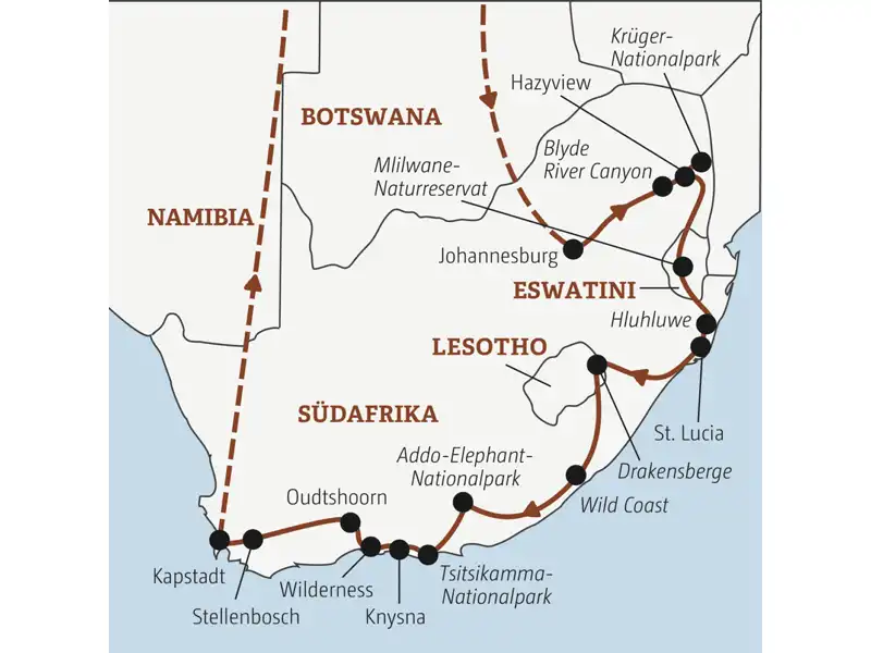 Die Rundreise mit YOUNG LINE durch Südafrika führt dich von Johannesburg in den Krüger-Nationalpark, nach Eswatini, St. Lucia, in die Drakensberge, nach Lesotho, Knysna, Stellenbosch und Kapstadt.