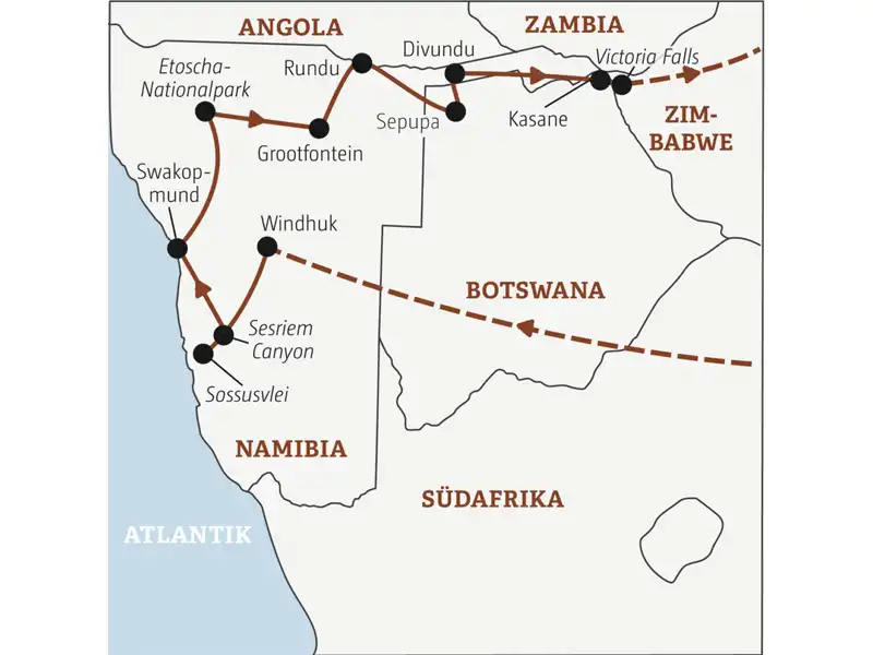 Die Rundreise mit YOUNG LINE durch Namibia und Botswana führt von Windhuk über die Kalahari nach Gobabis und weiter über das Okavangodelta und den Chobepark nach Victoria Falls.