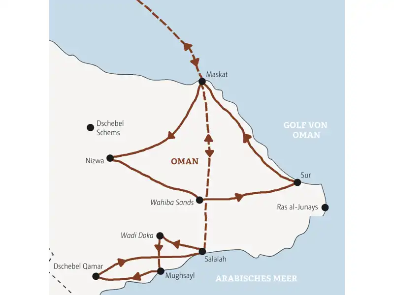 Stationen der Marco Polo Reise Oman - Wüste, Wadis und Meer: Maskat, Sur, Nizwa, Wahiba Sands und Salalah.