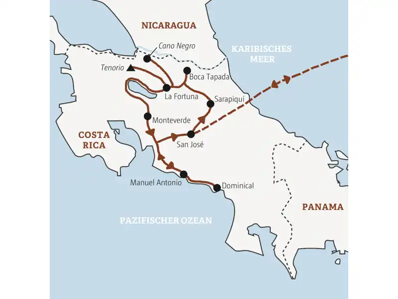 Erleben Sie Costa Rica auf dieser Rundreise mit Marco Polo Scout in all seinen Facetten: üppige Regen- und Nebelwälder, majestätische Vulkane, traumhafte Strände und eine beeindruckende Tierwelt – ein unvergessliches Naturabenteuer.
