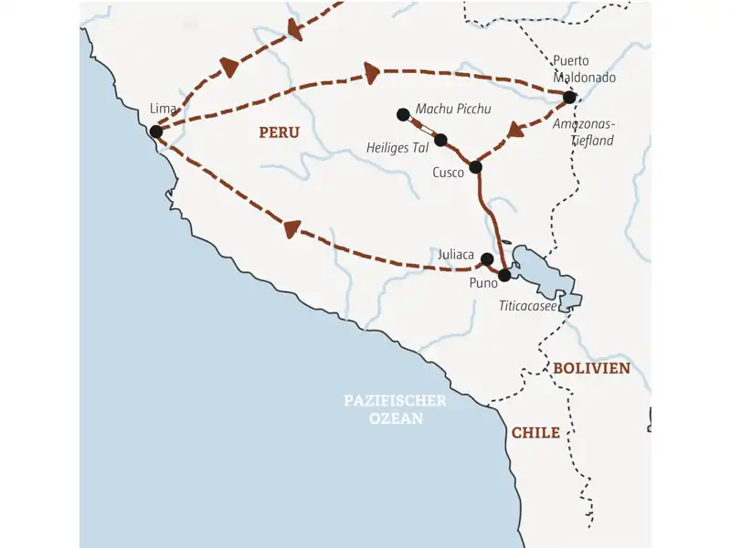 Die Reiseroute der Marco Polo Minigruppenreise durch Peru: von Lima ins Amazonas-Tiefland, dann nach Cusco und Machu Picchu und weiter zum Titicacasee.