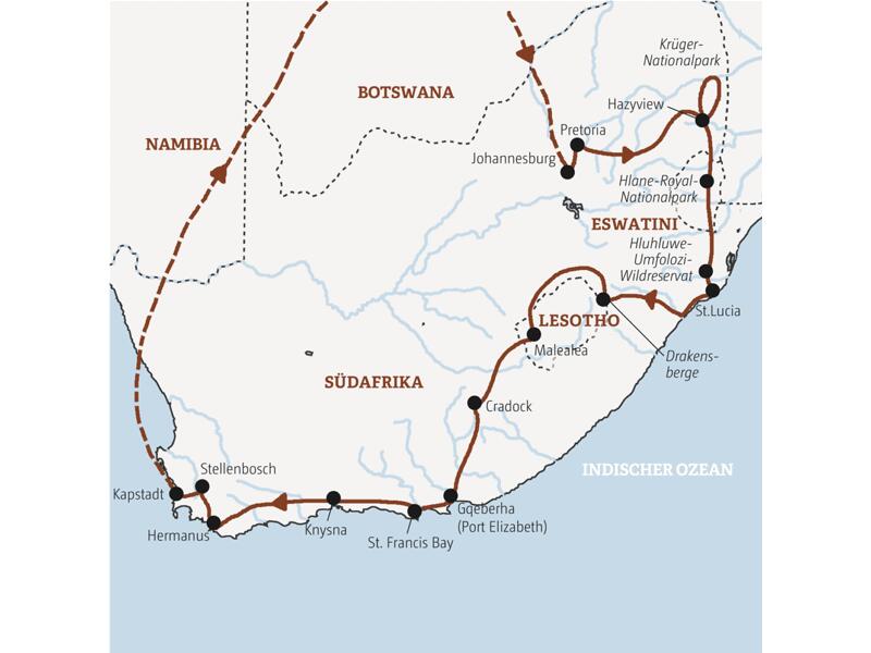 Diese Rundreise  führt Sie von Johannesburg zum Krügerpark, nach Eswatini und in die Drakensberge nach Lesotho und weiter über die Gartenroute nach Knysna und Kapstadt.