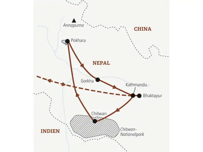 Ihre Reise mit der Mini-Gruppe nach Nepal führt Sie nach Kathmandu, in den Chitwan-Nationalpark, nach Bandipur, Pokhara und Bhaktapur.