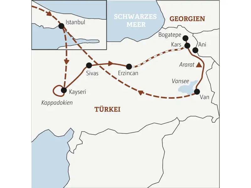 Die Rundreise mit YOUNG LINE TRAVEL durch die Türkei führt dich von Istanbul über Kappaddokien, Sivas, Erzincan und Kars bis zum Van-See im Osten des Landes.