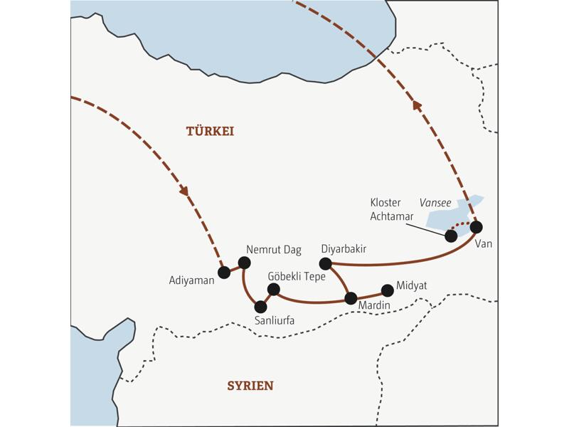 Diese Marco-Polo-Reise durch die Südosttürkei startet in Adiyaman und führt Sie zum Nemrut Dag und weiter über Sanliurfa, Mardin und Diyarbakir zum Vansee.