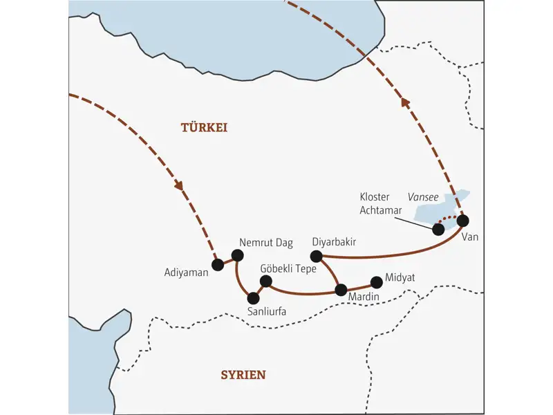 Diese Marco-Polo-Reise durch die Südosttürkei startet in Adiyaman und führt Sie zum Nemrut Dag und weiter über Sanliurfa, Mardin und Diyarbakir zum Vansee.