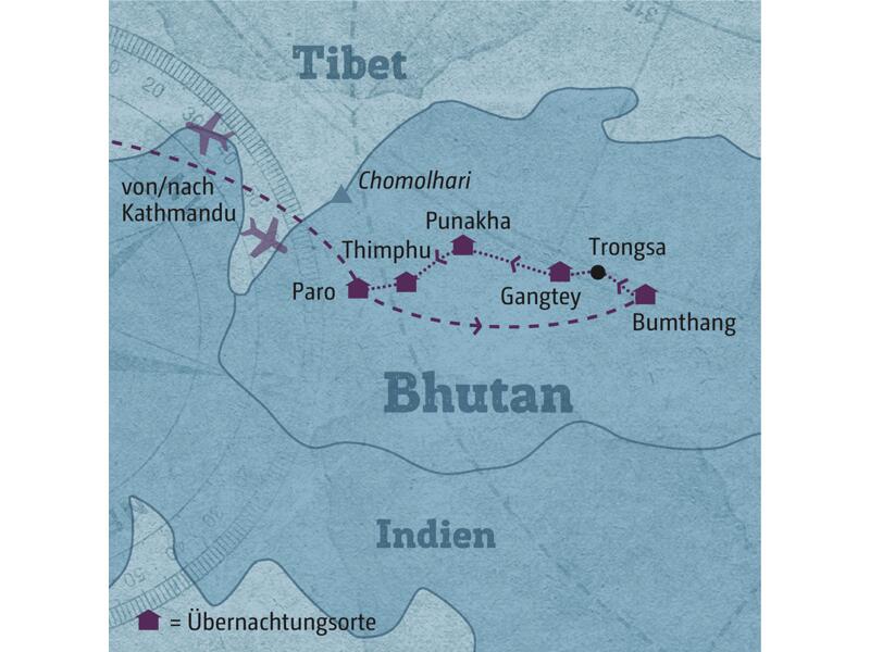 Ihre Reiseroute durch Bhutan führt Sie zunächst nach Bumthang, von wo aus Sie dann über Land zurück nach Paro fahren.