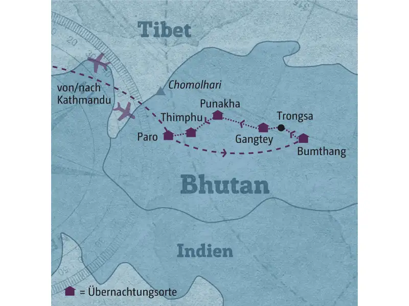 Unsere Reiseroute durch Bhutan führt Sie zunächst nach Bumthang von wo aus Sie dann über Land zurück nach Paro fahren.