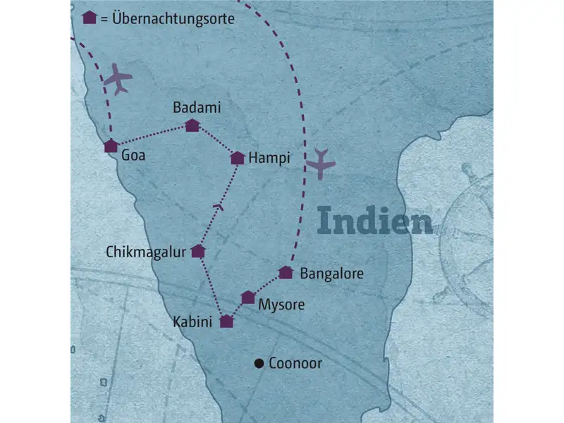 Auf Ihrer individuellen Reise durch Zentralindien besuchen Sie u.a. die Königsstadt Mysore, die Nationalparks am Kabini River, Keefeeanbaugebiete bei Chikmagalur, die ehemelige Königsstadt Hampi sowie die Höhlentempel von Badami. Den Abschluss bildet ein Aufenthalt an den Stränden Goas.
