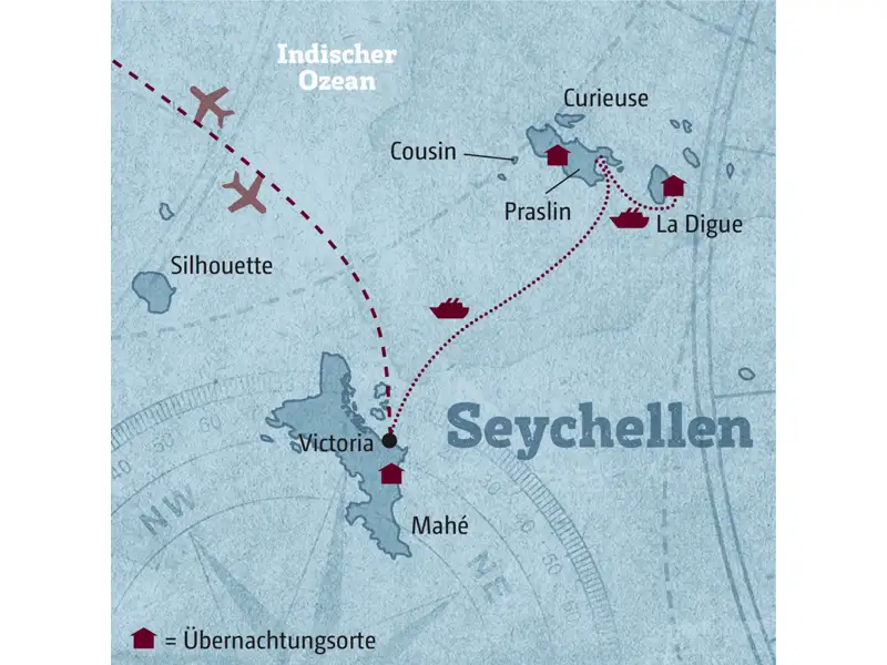 Hier sehen Sie die Route des Island-Hopping-Programmes auf den Seychellen.