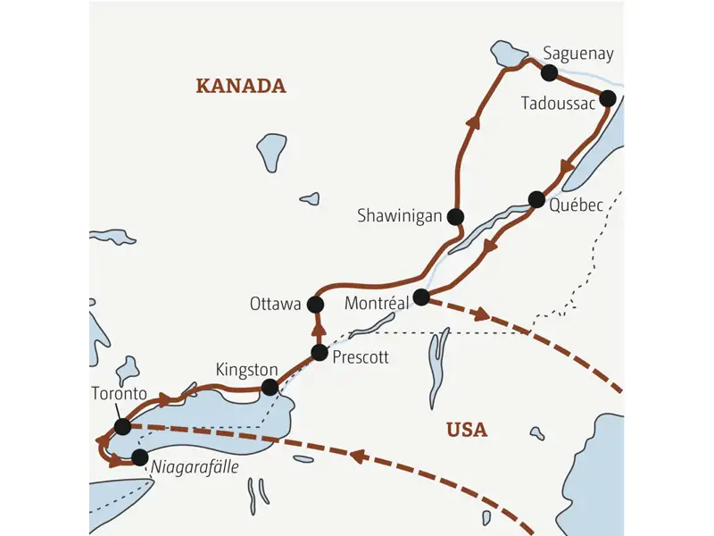 Reiseverlauf der Marco Polo Reise durch Ostkanada.