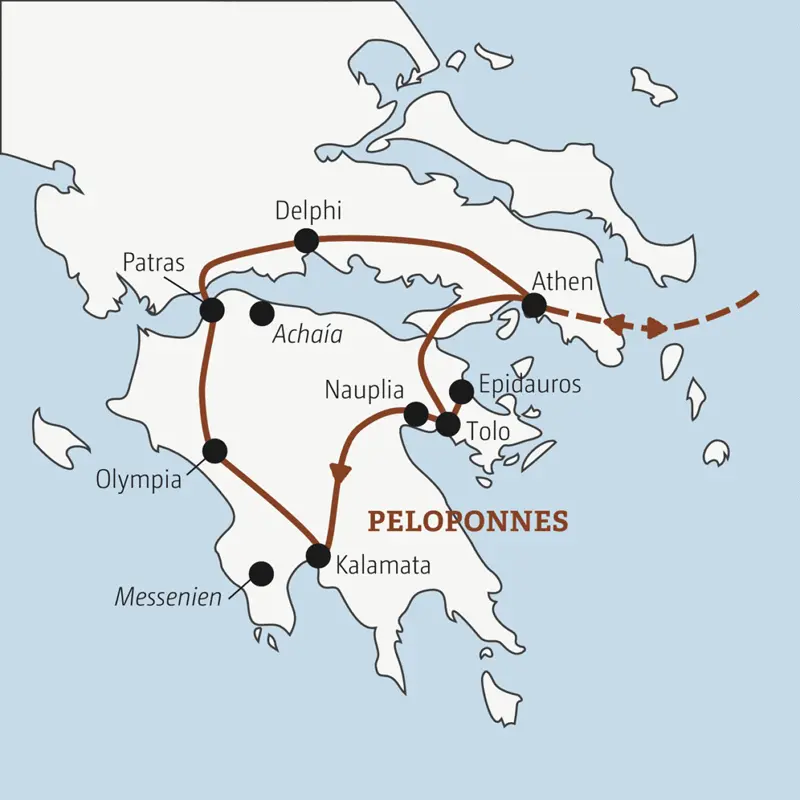 Diese Rundreise mit YOUNG LINE durch Griechenland führt von Athen über Epidauros, Kalamata, Olympia, Patras und Delphi einmal rund um den Peloponnes.