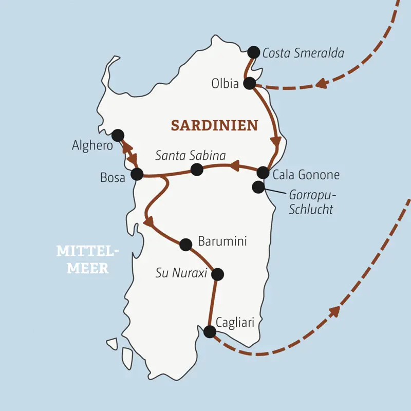 Die Rundreise mit YOUNG LINE nach Sardinien führt von der Costa Smeralda im Norden über Cala Gonone, Alghero und Barumini nach Cagliari im Süden.