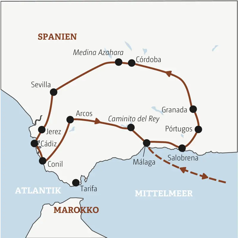 Diese Rundreise mit YOUNG LINE durch Andalusien führt von Málaga über Granada, Córdoba und Sevilla bis nach Cádiz - zum Finale Badetage in Conil.