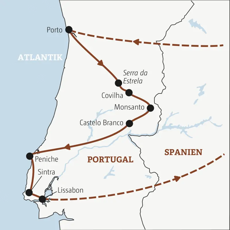 Deine Rundreise mit YOUNG LINE TRAVEL durch Portugal beginnt in Porto und führt dich über Covilha, Castelo Branco und Peniche nach Lissabon.