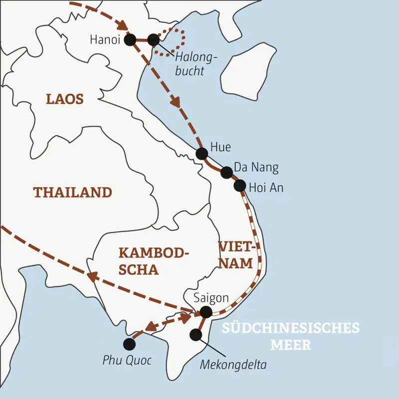 Deine Rundreise durch Vietnam führt dich von Hanoi in die Halongbucht und anschließend über Hue und Hoi An bis ins Mekongdelta und nach Saigon.