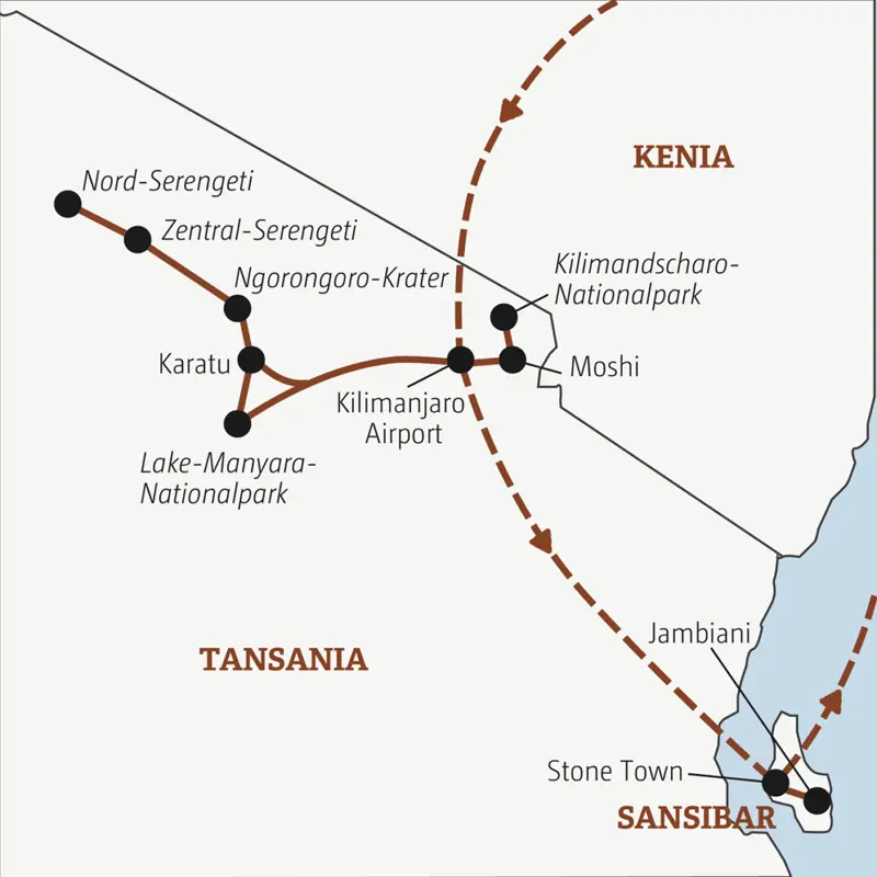 Deine Rundreise mit YOUNG LINE nach Tansania führt dich in die Nationalparks Lake Manyara, Kilimandscharo und Serengeti und zum Finale erwarten dich Badetage auf Sansibar.
