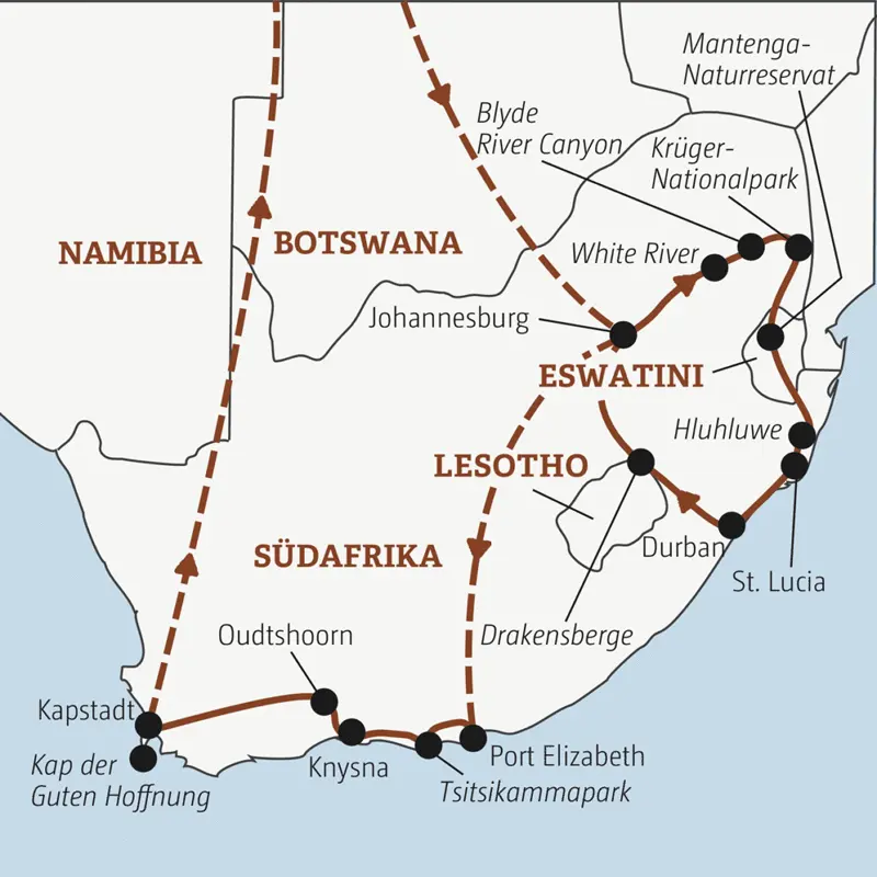 Diese Rundreise mit YOUNG LINE durch Südafrika führt dich von Johannesburg erst in den Krügerpark und dann weiter nach  Swasiland, Lesotho und über die Gartenroute nach Kapstadt.