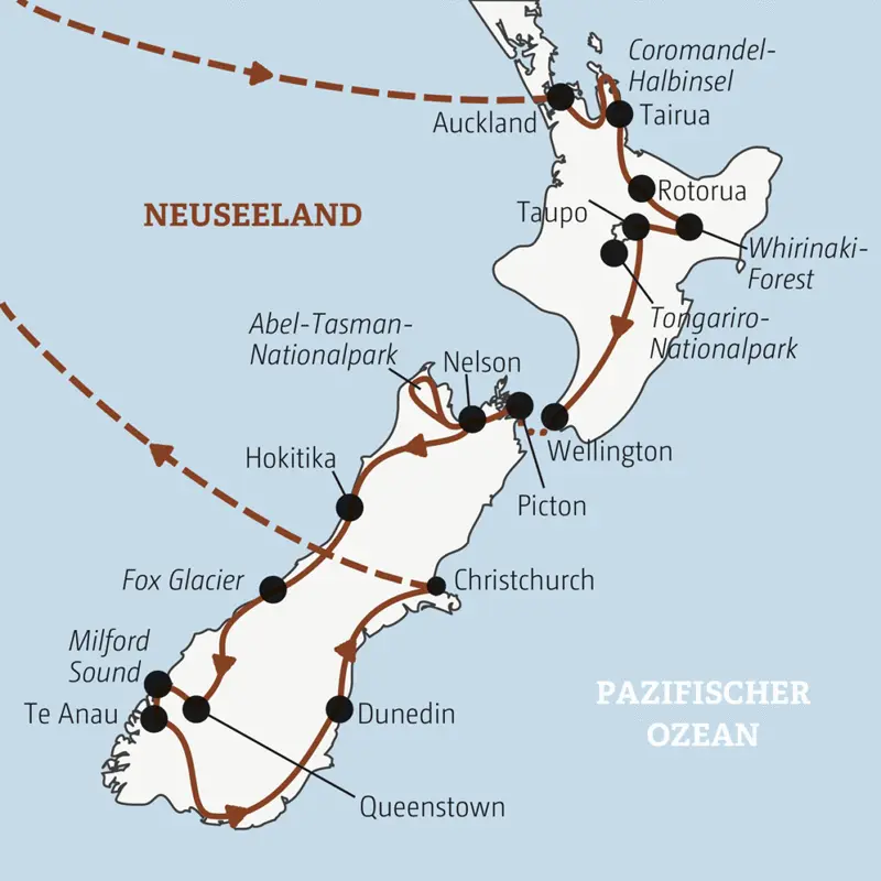 Deine Rundreise nach Neuseeland führt dich von Auckland über Rotorua und den Tongariro-Nationalpark zum Abel-Tasman-Nationalpark und weiter auf die Südinsel über Queenstown und Dunedin nach Christchurch.