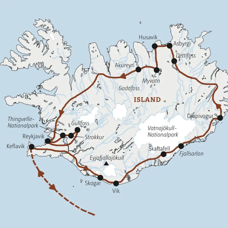 Ihre Rundreise nach Island  führt Sie über Vik, Djupivogur, Husavik, Akureyri und Reykjavik einmal um die Insel -  eine Tour auf dem Golden Circle inklusive.