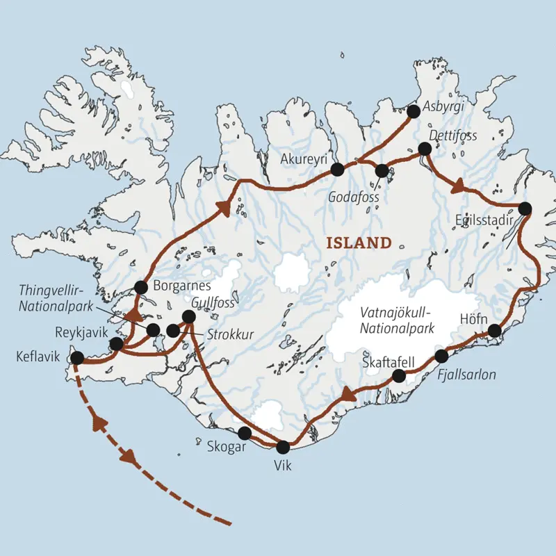 Diese Rundreise nach Island führt Sie von Reykjavik über Borgarnes, Akureyri, Egilsstadir, Höfn und Vik einmal rund um die Insel.