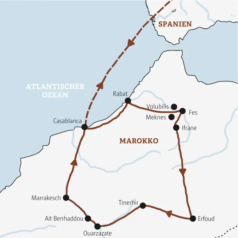 Die Höhepunkte Marokkos erleben Sie auf dieser Rundreise ab/bis Casablanca: die Königsstädte im Norden, die Naturschönheiten der Sahara und des Atlasgebirges im Süden.