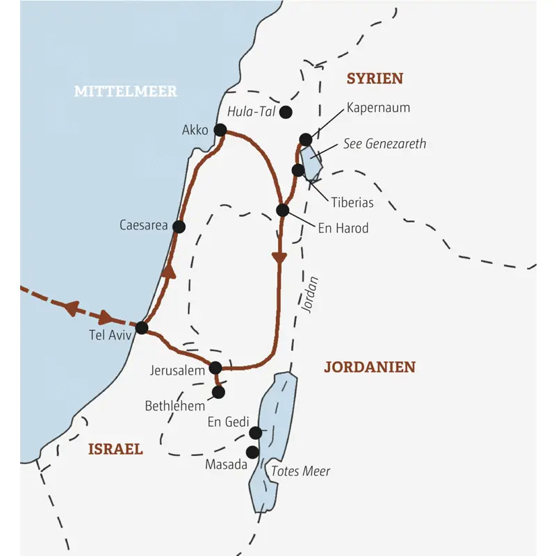 Die Marco Polo Rundreise beginnt in Tel Aviv und führt Sie über Caesarea und Kapernaum am See Genezareth bis nach Jerusalem und Bethlehem.
