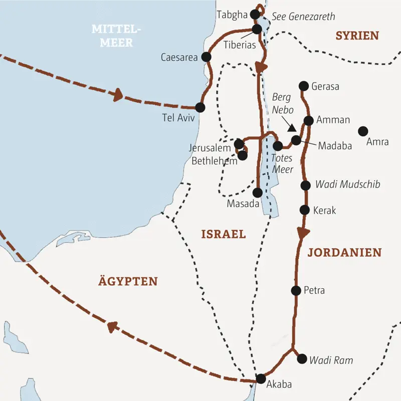 Ihre Marco Polo Rundreise beginnt in Tel Aviv und führt Sie über Caesarea und den See Genezareth nach Jerusalem und weiter  nach Jordanien vom Toten Meer bis nach Akaba.