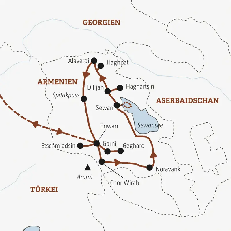 Ihre Rundreise durch Armenien beginnt in Eriwan und führt Sie über Chor Wirab, Noravank und den Sewansee bis nach Alaverdi.