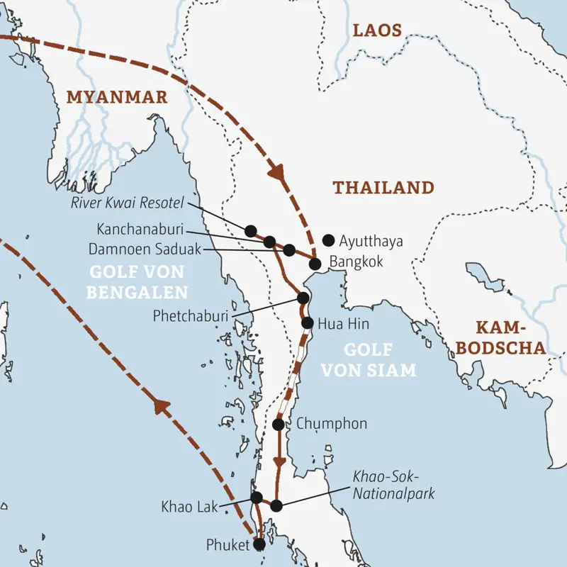 Diese Entdeckerreise mit Marco Polo führt Sie von Bangkok über Kanchanaburi und Hua Hin in den Khao-Sok-Nationalpark und weiter nach Khao Lak.