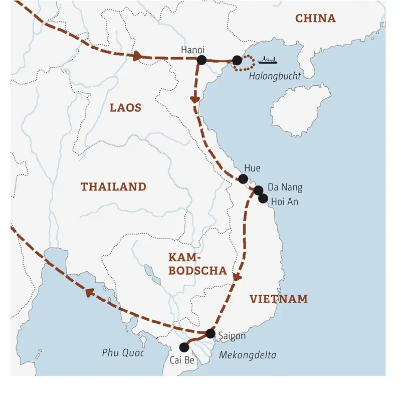 Diese Marco Polo Rundreise durch Vietnam führt Sie von Hanoi in die Halongbucht und weiter über Hue, Hoi An und Saigon nach Cai Be.