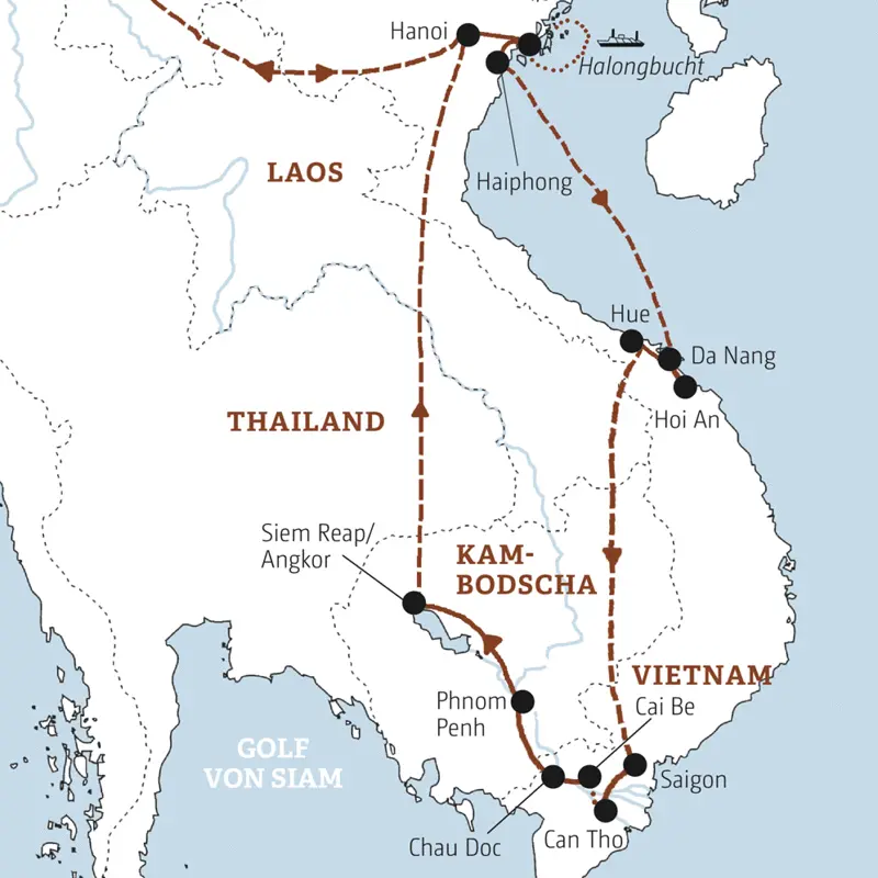 Ihre Rundreise durch Vietnam und Kambodscha führt Sie in die Halongbucht, nach Hoi An, Hue und Saigon und weiter ins Mekongdelta, nach Phnom Penh und Angkor Wat.
