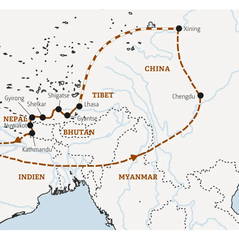 Diese Entdeckerreise führt Sie von China mit der Tibetbahn auf das Dach der Welt und weiter nach Nepal.