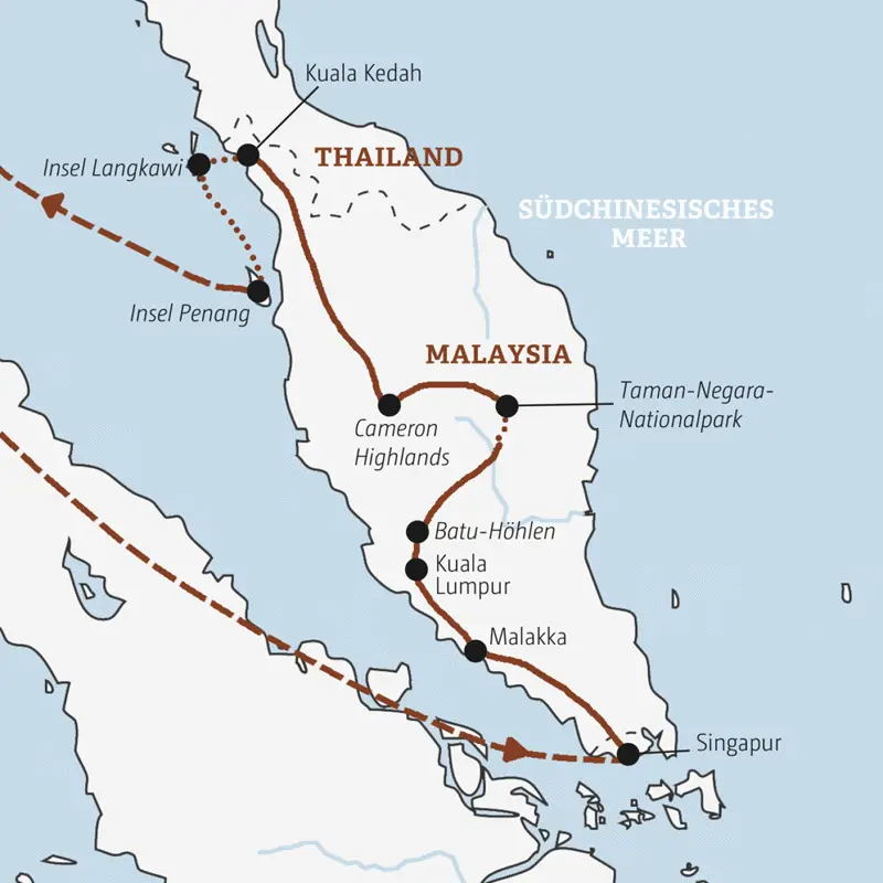 Ihre Rundreise führt Sie von Singapur nach Malakka, Kuala Lumpur, in den Taman-Negara-Nationalpark, die Cameron Highlands und auf die Inseln Langkawi und Penang.