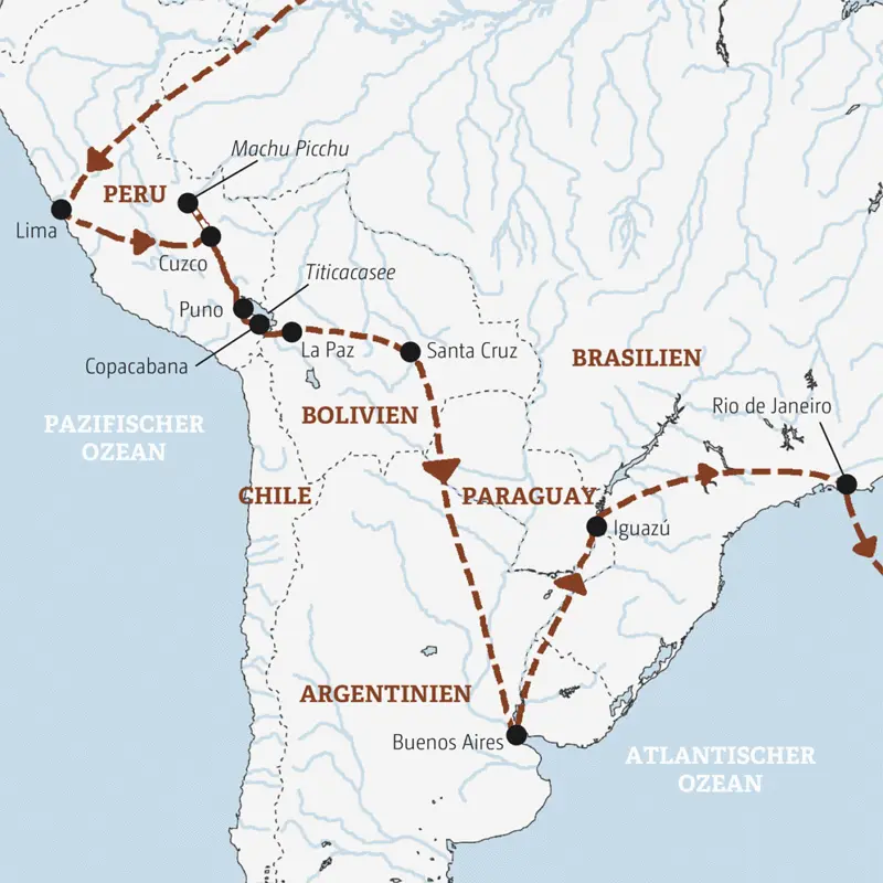 Ihre Rundreise durch Südamerika führt Sie von Peru über Bolivien und Argentinien nach Brasilien - Machu Picchu ist ebenso dabei wie die Wasserfälle von Iguazú.