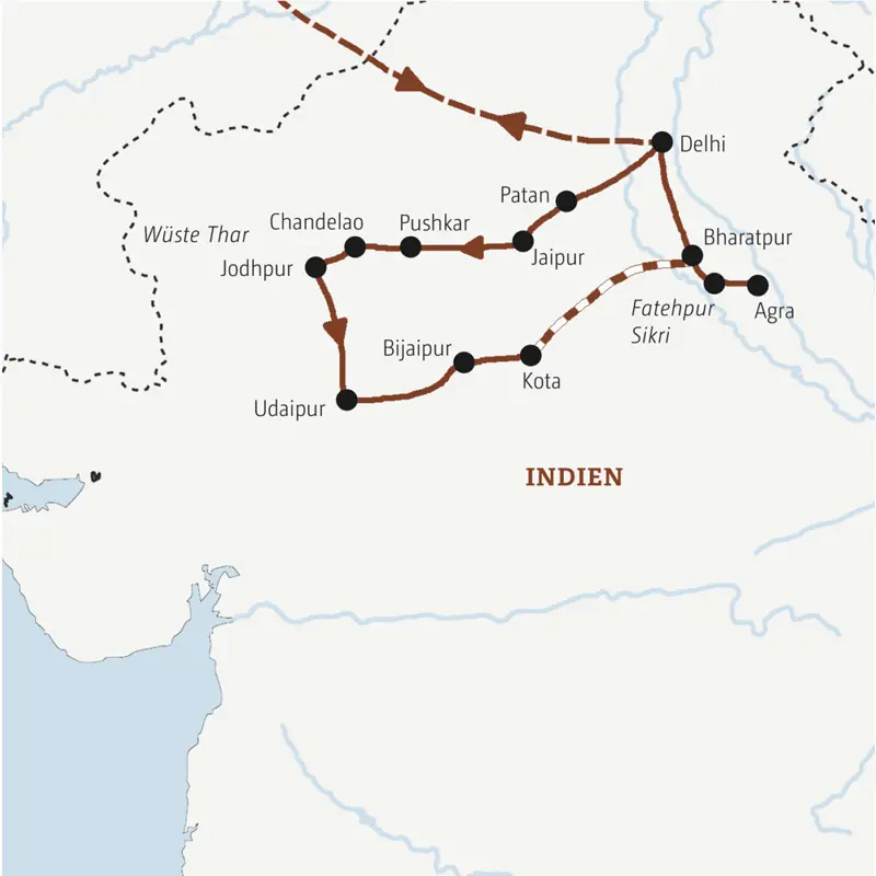 Die Marco Polo Rundreise in der Mini-Grupe beginnt in Delhi und führt Sie über Patan, Jaipur, Pushkar, Jodhpur, Udaipur, Bijaipur und Bharatpur bis nach Agra.