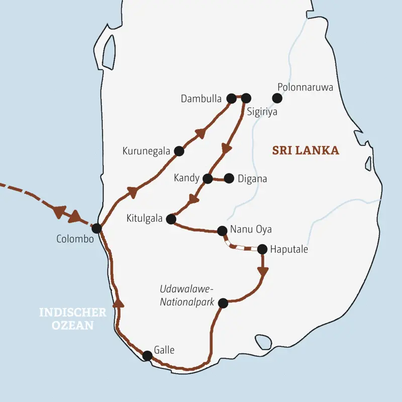 Die Marco Polo Rundreise in der Mini-Gruppe führt sie von Colombo über Dambulla, Sigiriya, Kandy, Kitulgala und den Udawalawe-Nationalpark bis nach Galle.