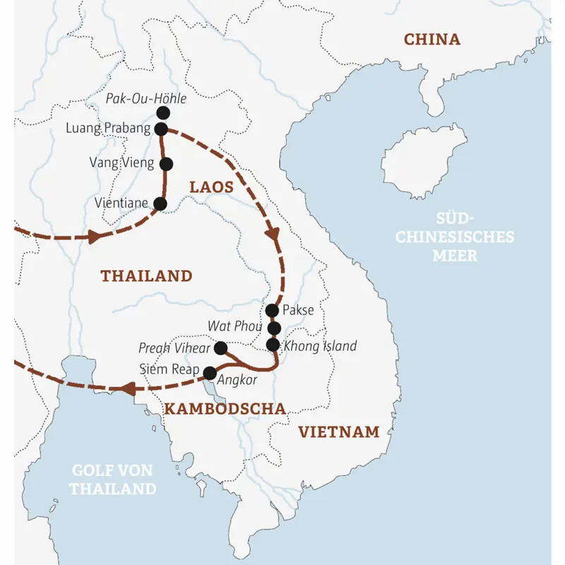 Diese Rundreise in der Mini-Gruppe führt Sie in Laos von Vientiane über Vang Vieng und Luang Prabang nach Khong Island und weiter nach Angkor in Kambodscha.